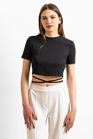 Belden Bağlamalı Sırt Dekolteli Crop Top Bluz